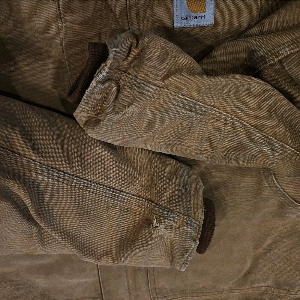 VTG CARHARTT Chore Coat Hooded Tan Canvas CQ196 Sz 42 Tall Large‎ Broke Zipper - Picture 9 of 16